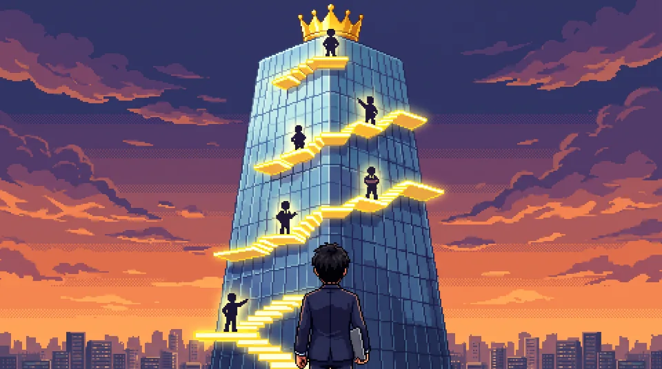 新入社員が、出世の階段がついた本社ビルを見上げている絵