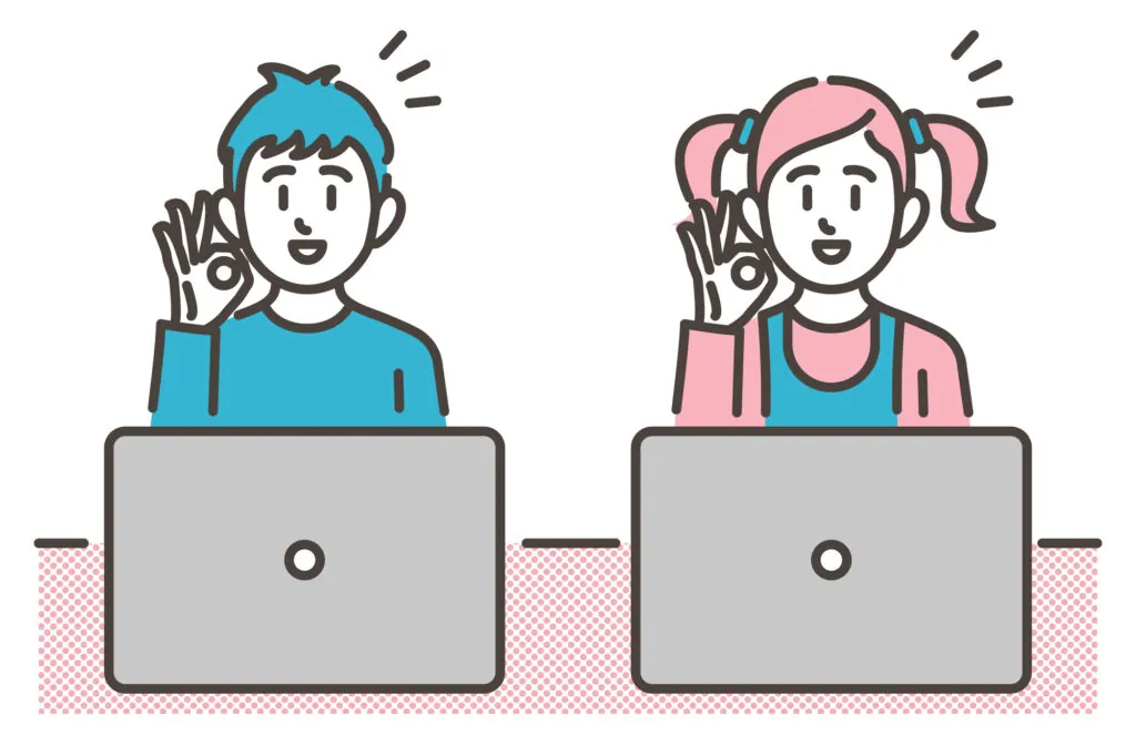 ノートパソコンの前でOKサインをする男の子と女の子のイラスト