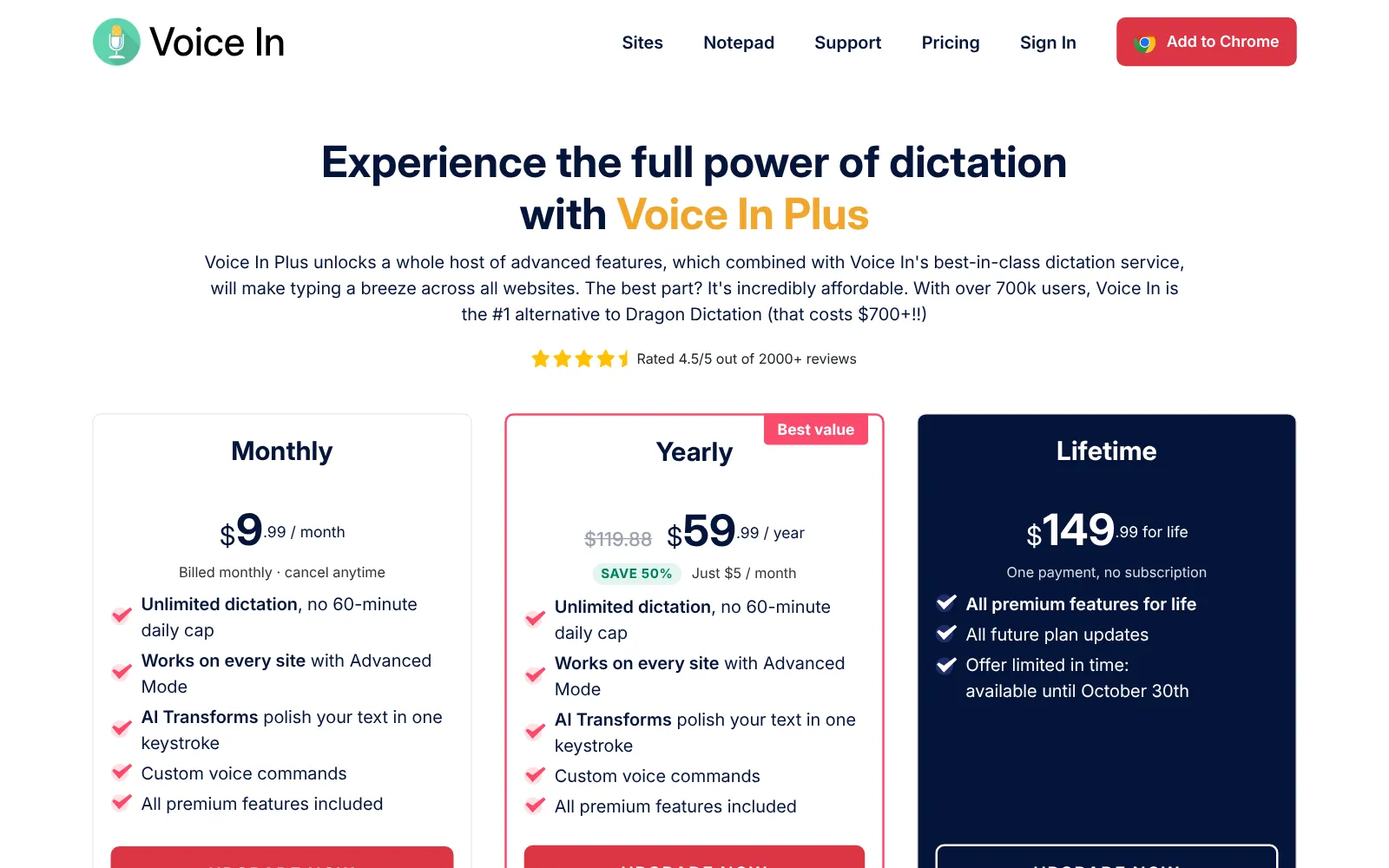 Voice In Plus の料金ページ。月払い $9.99、年払い $59.99、買い切り $149.99 の3つが並んでいる