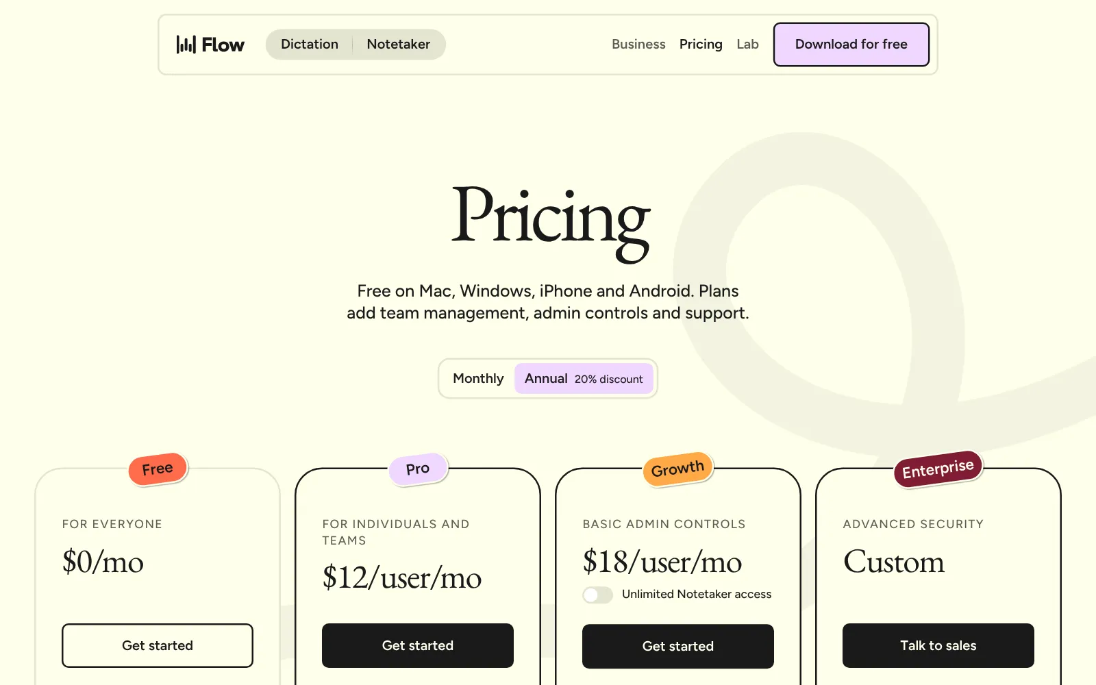 Wispr Flow の料金ページ。Free・Pro・Growth・Enterprise の4つのプランが並んでいる